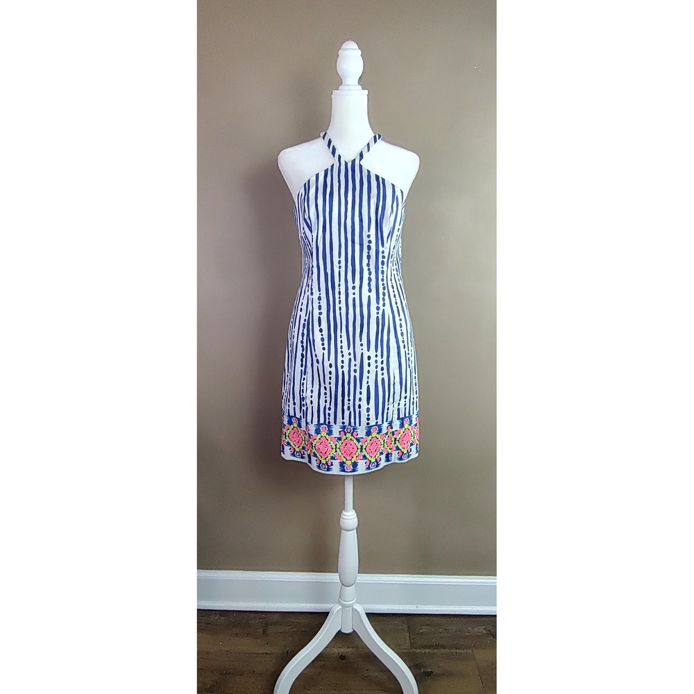 Lilly Pulitzer Blue White Striped Halter Shift Dress Embroidered Hem Size 2